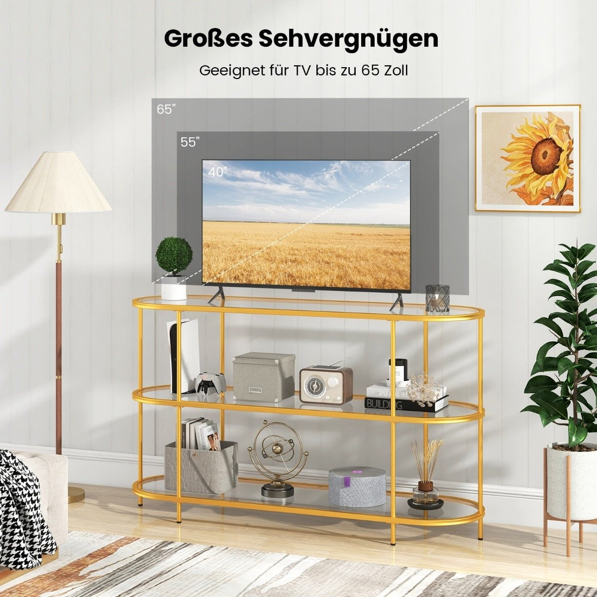 3-tier TV cabinet TV stand for TVs up to 65 inches gold 140 x 41 x 82 cm