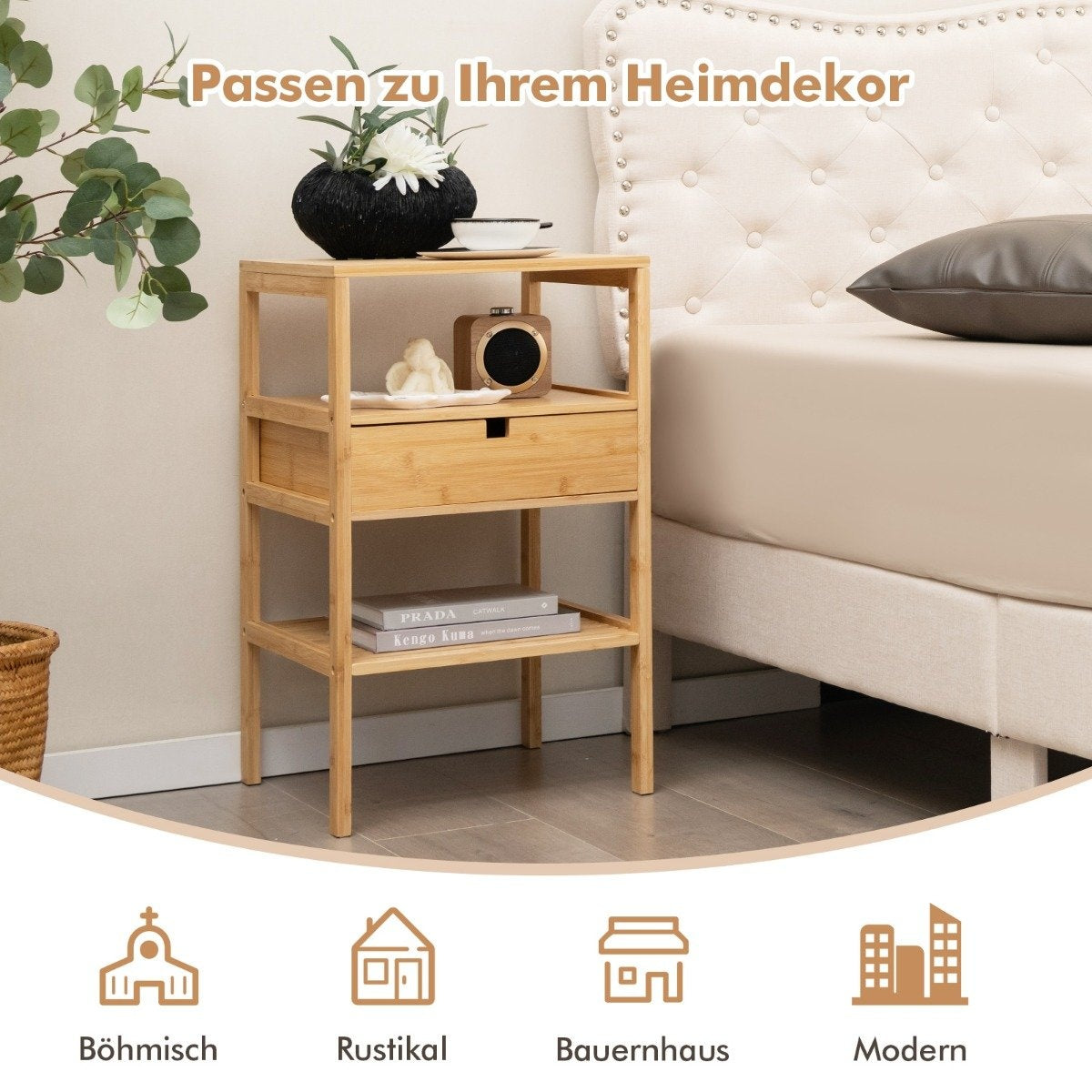 3-tier bedside table made of bamboo with drawer and slatted shelf side table natural