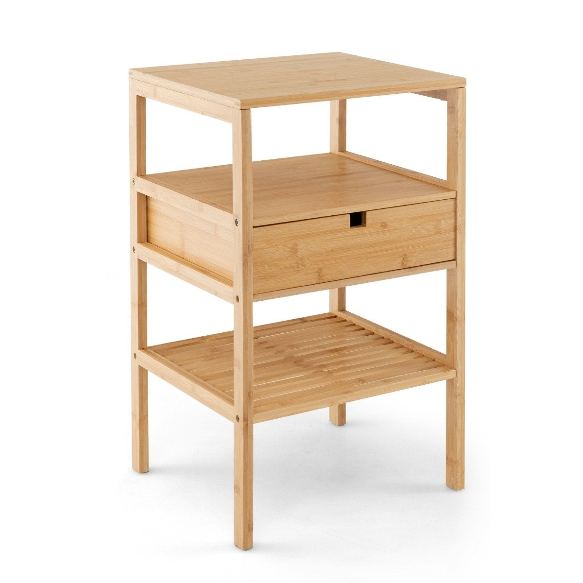 3-tier bedside table made of bamboo with drawer and slatted shelf side table natural