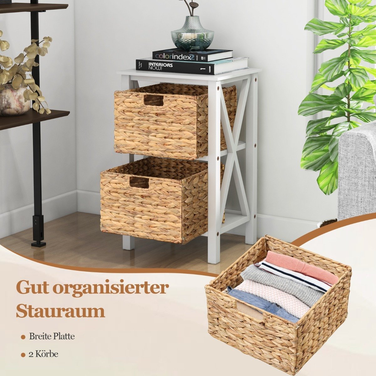 3-tier bedside table with 2 seagrass baskets & X-Design narrow side table 36 x 30 x 57 cm white