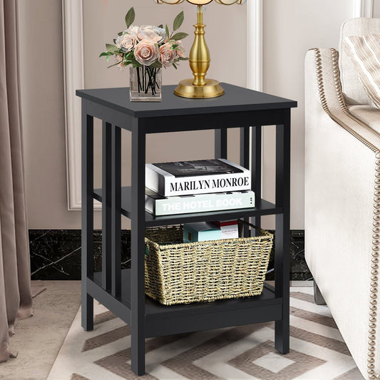 3 tier bedside table with shelf for bedroom 40x40x61cm black II-shaped