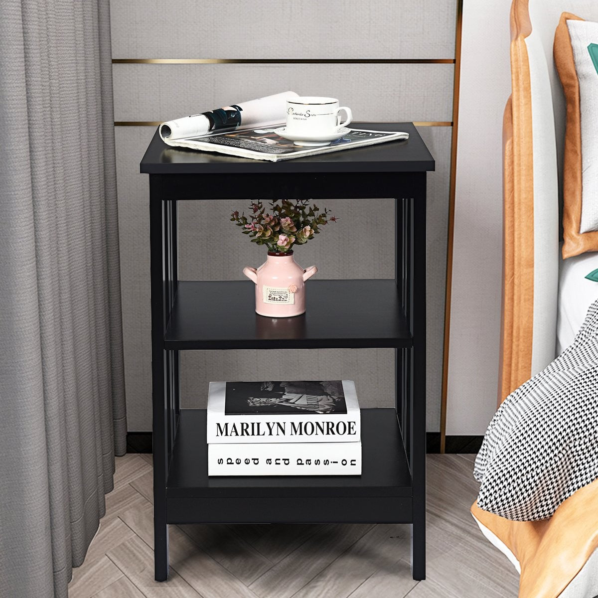 3 tier bedside table with shelf for bedroom 40x40x61cm black II-shaped