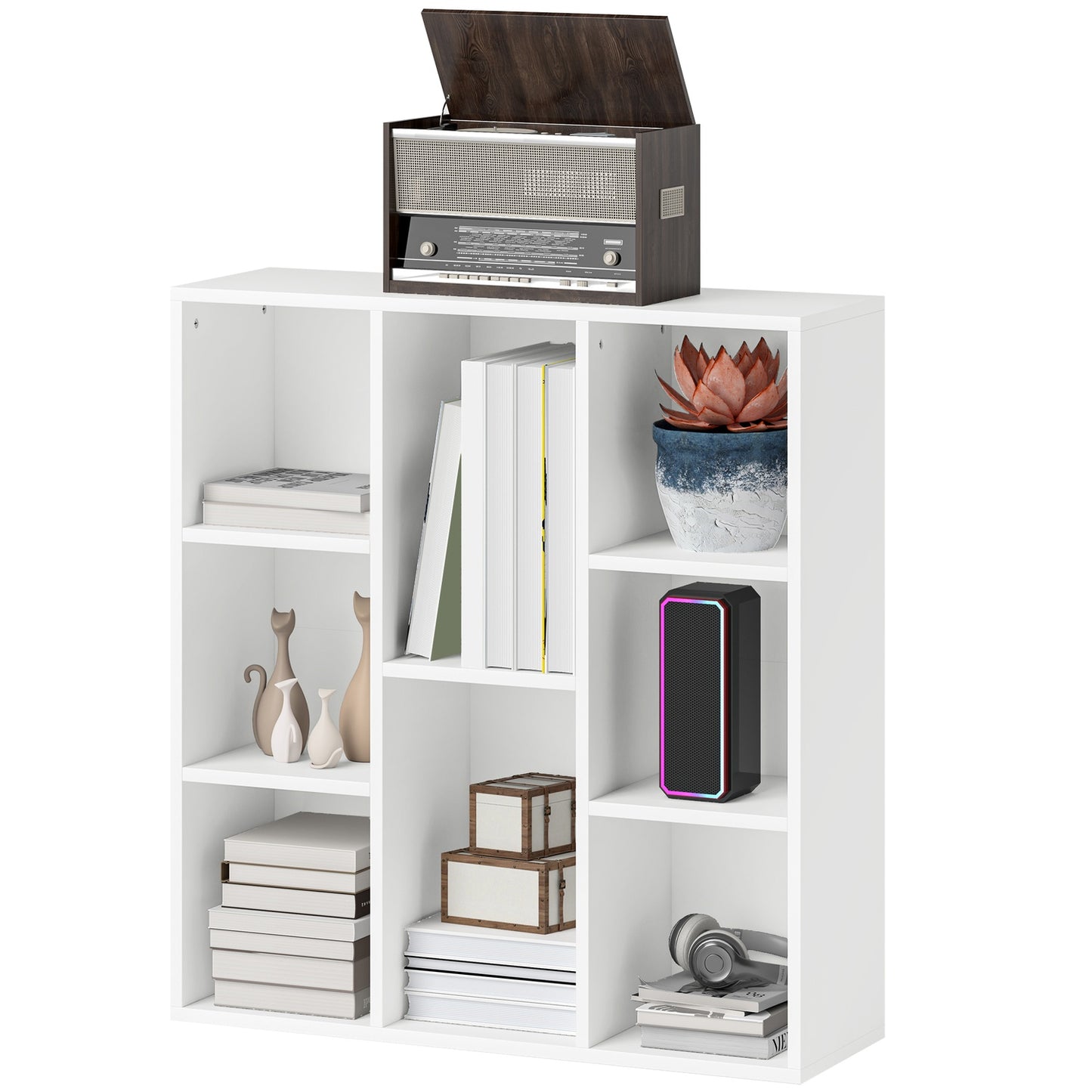3-Tier Bookshelf, 8 Compartments, White Particleboard