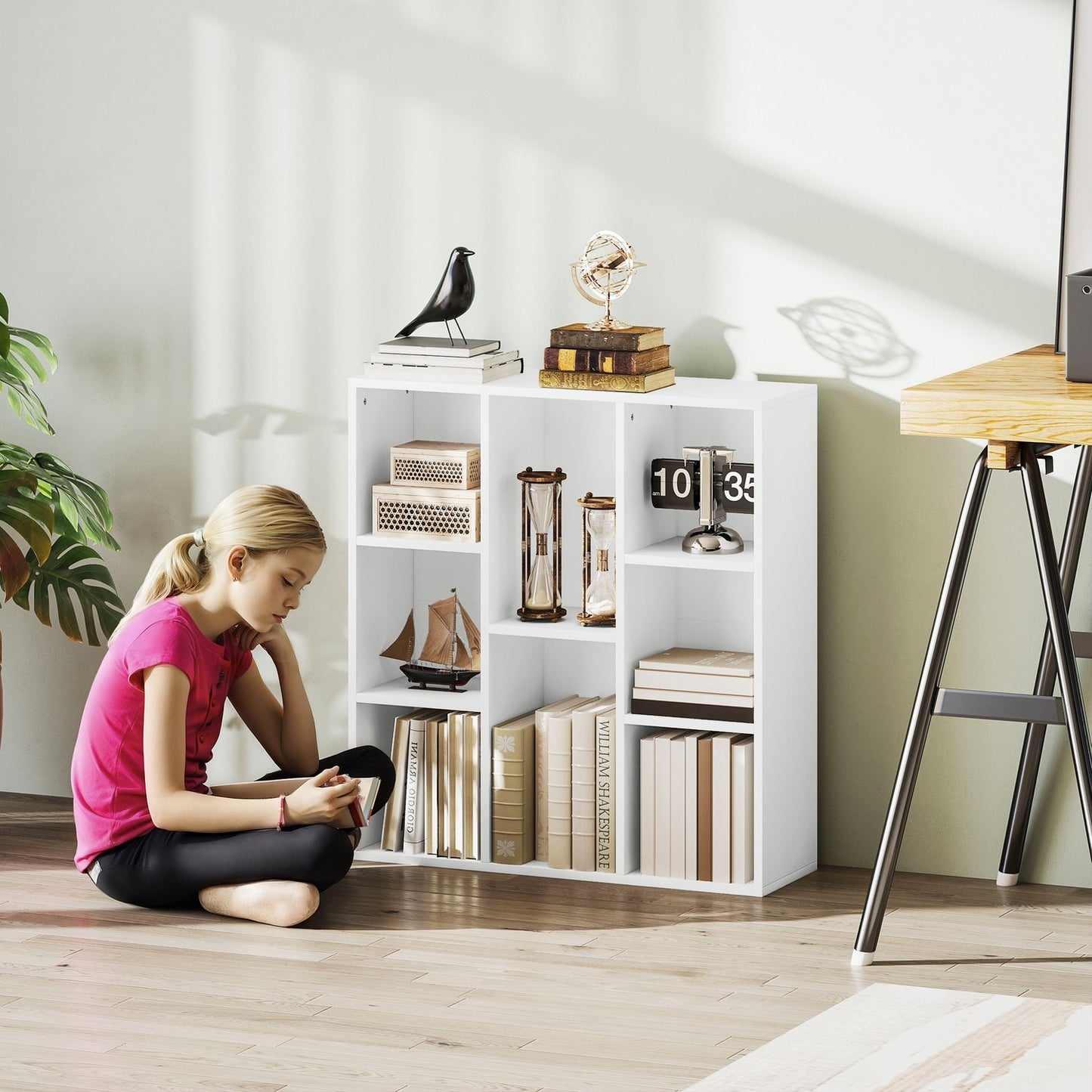 3-Tier Bookshelf, 8 Compartments, White Particleboard