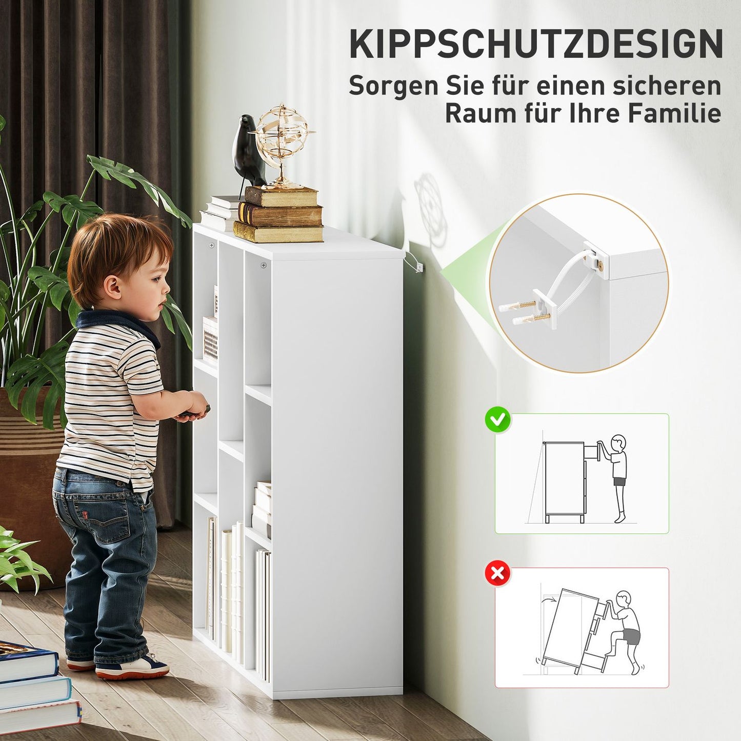 3-Tier Bookshelf, 8 Compartments, White Particleboard