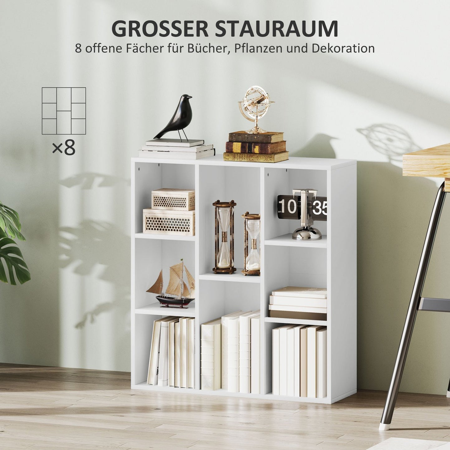 3-Tier Bookshelf, 8 Compartments, White Particleboard