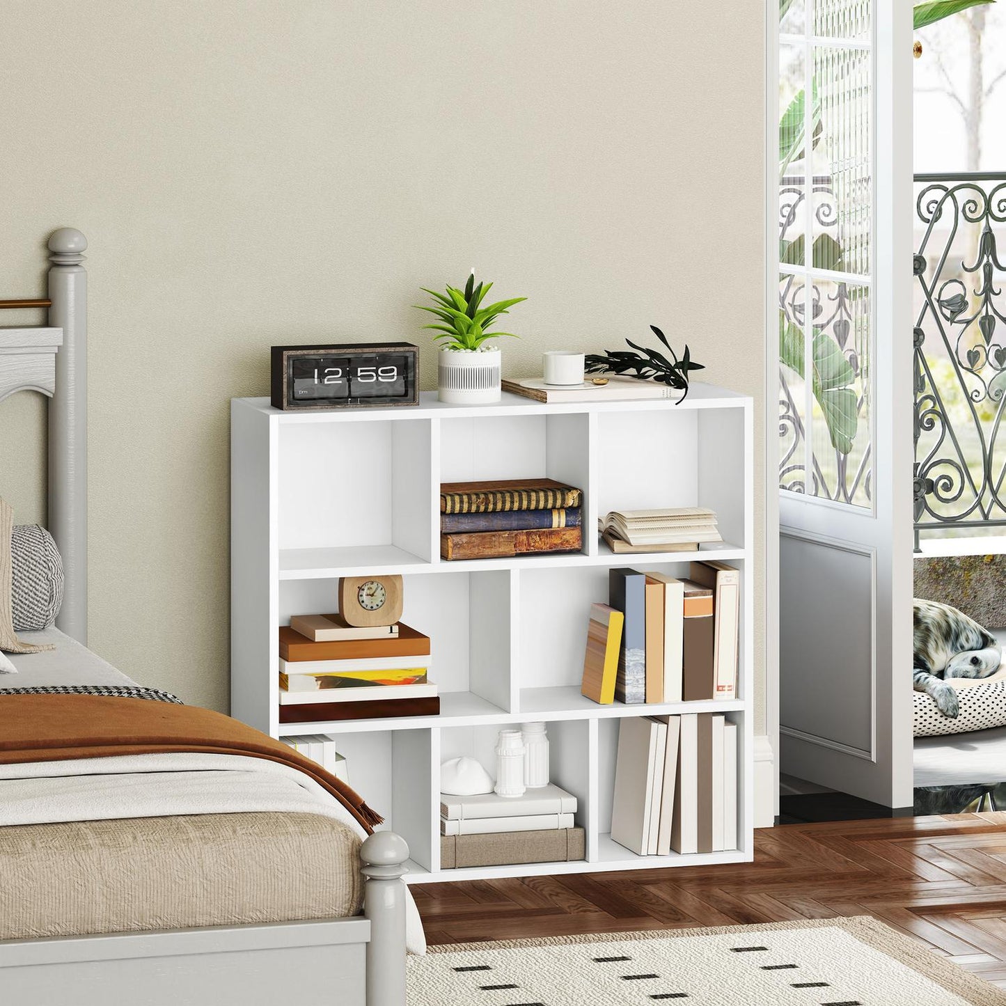 3-Tier Bookshelf, 8 Compartments, White Particleboard