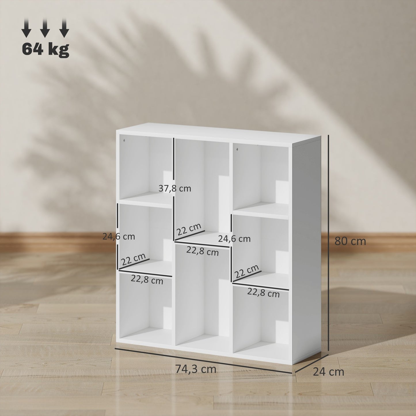 3-Tier Bookshelf, 8 Compartments, White Particleboard