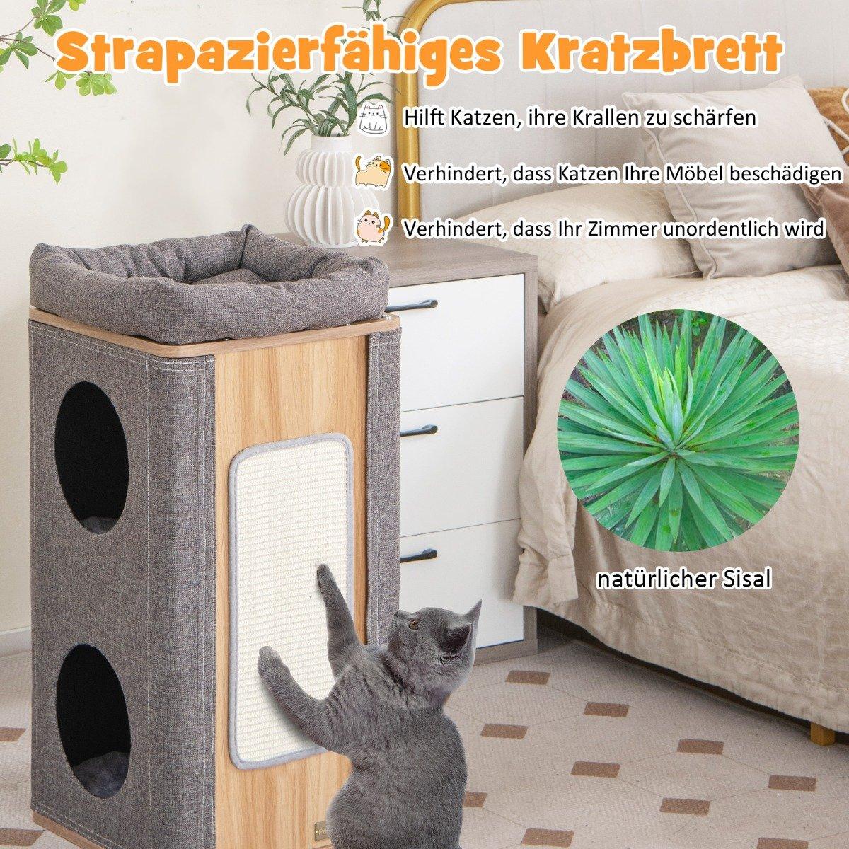 3-tier cat cave with scratching board & 3 mats play barrel for cats up to 20 kg gray + natural