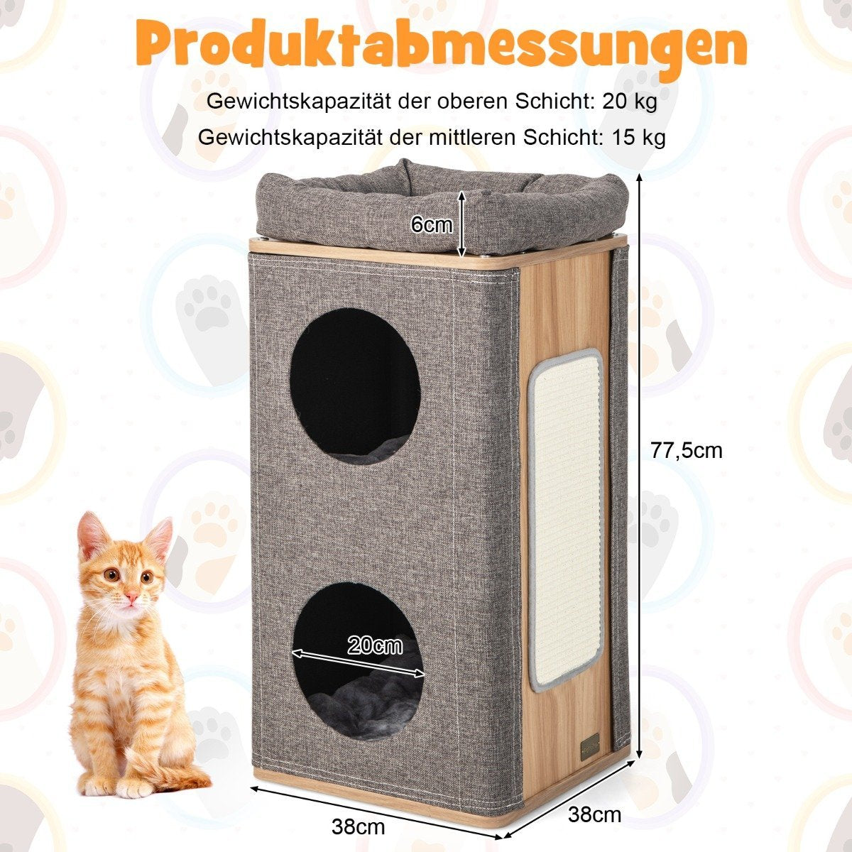 3-tier cat cave with scratching board & 3 mats play barrel for cats up to 20 kg gray + natural