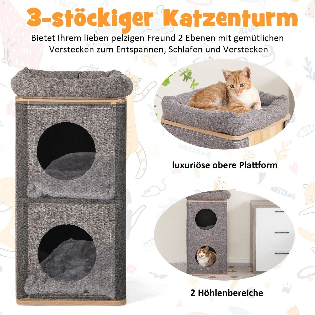 3-tier cat cave with scratching board & 3 mats play barrel for cats up to 20 kg gray + natural
