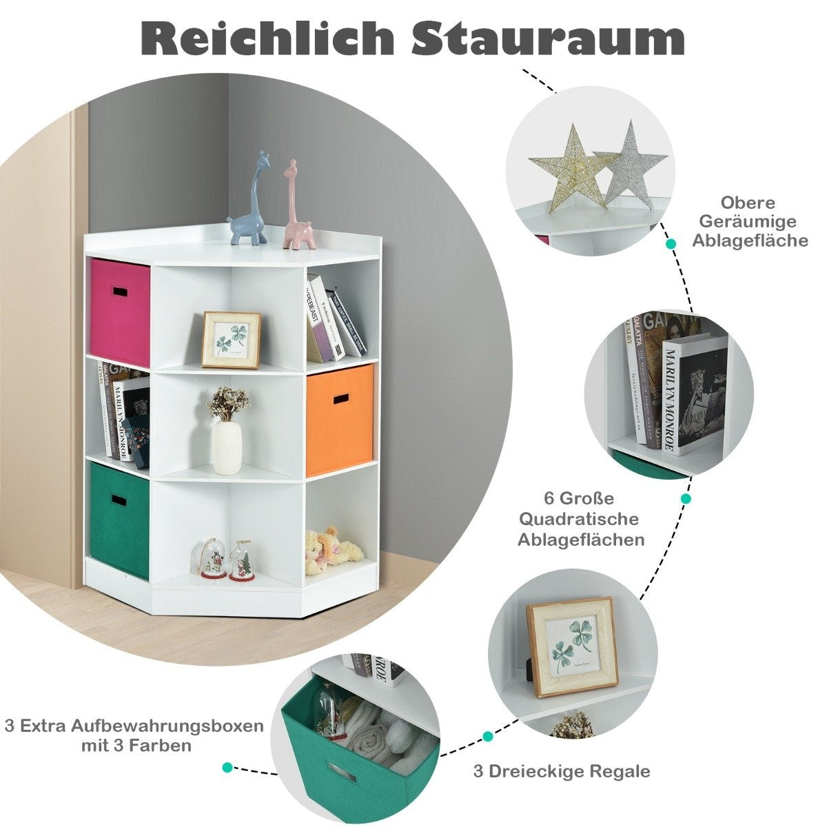 3-tier children's shelf with 6 open shelves and 3 colored baskets 81 x 61 x 94 cm white
