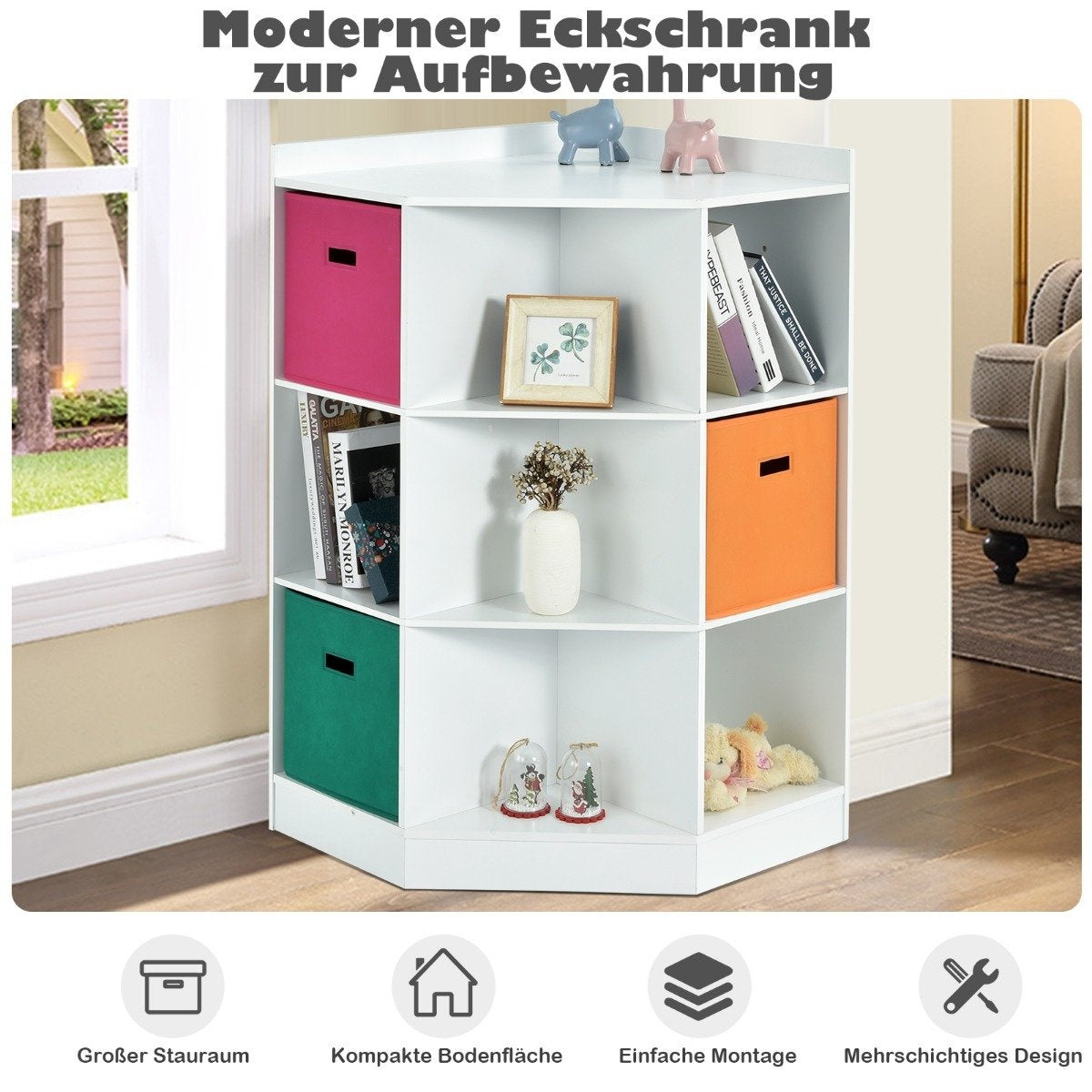 3-tier children's shelf with 6 open shelves and 3 colored baskets 81 x 61 x 94 cm white