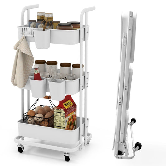 3-tier folding mobile serving trolley on wheels, metal kitchen trolley with handle, white