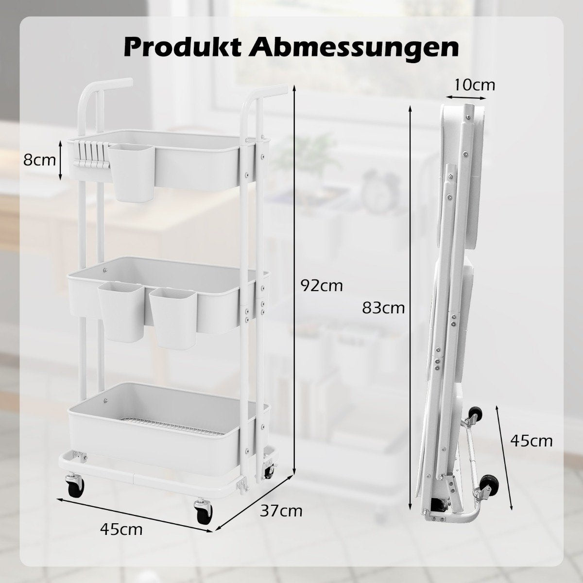 3-tier folding mobile serving trolley on wheels, metal kitchen trolley with handle, white
