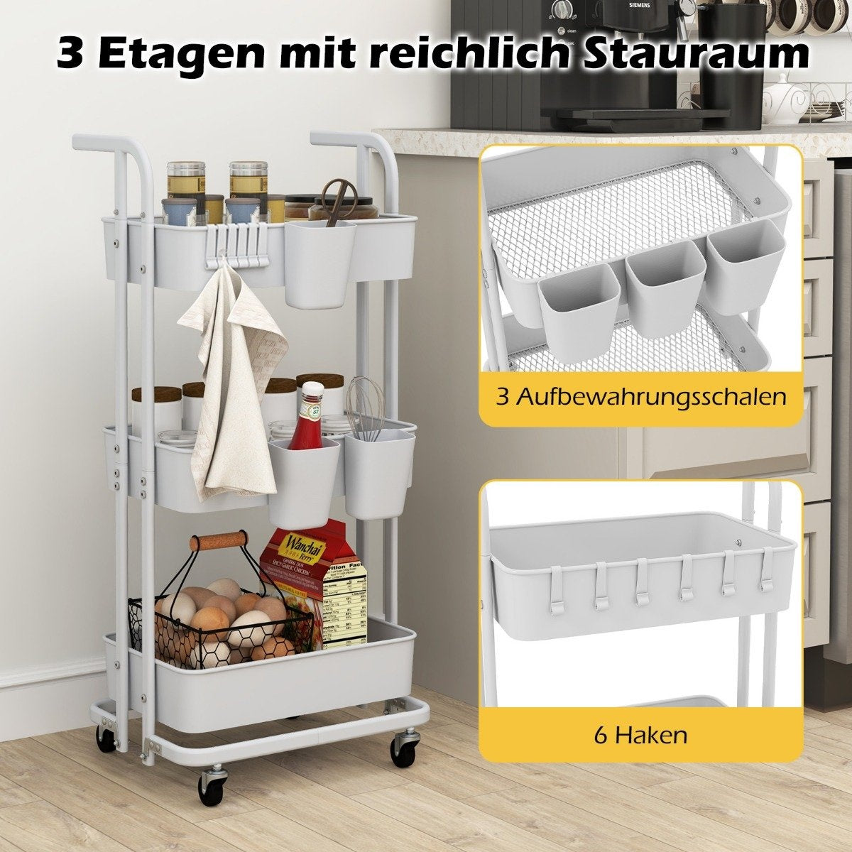 3-tier folding mobile serving trolley on wheels, metal kitchen trolley with handle, white