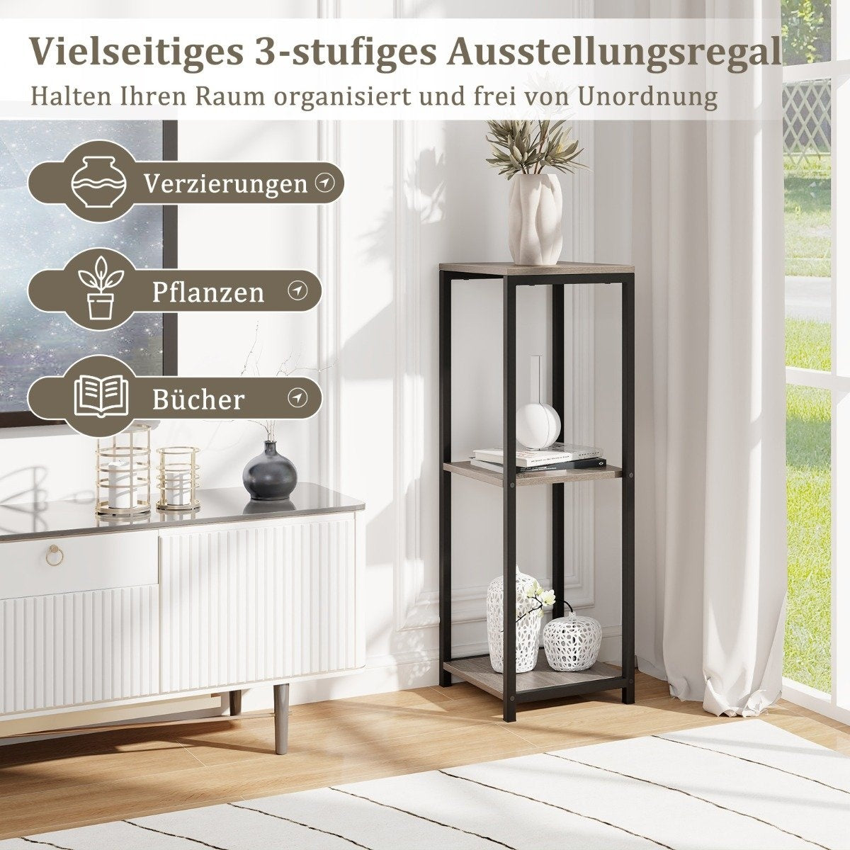 3 tier metal plant stand with anti-tip protection wooden flower stand 30.5 x 30.5 x 91.5 cm