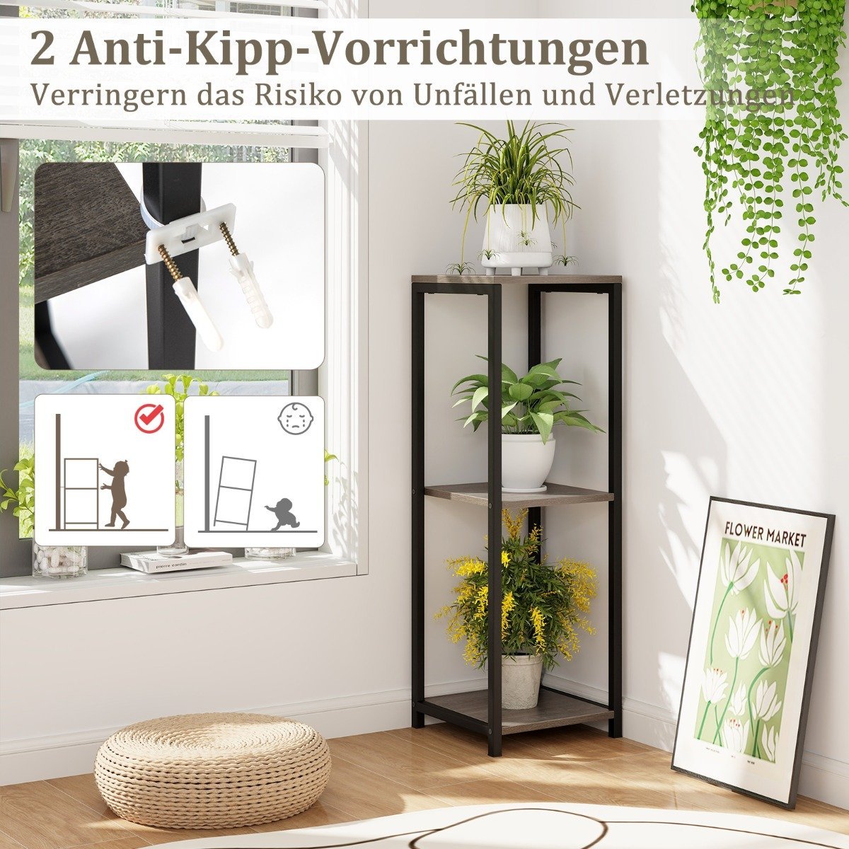3 tier metal plant stand with anti-tip protection wooden flower stand 30.5 x 30.5 x 91.5 cm