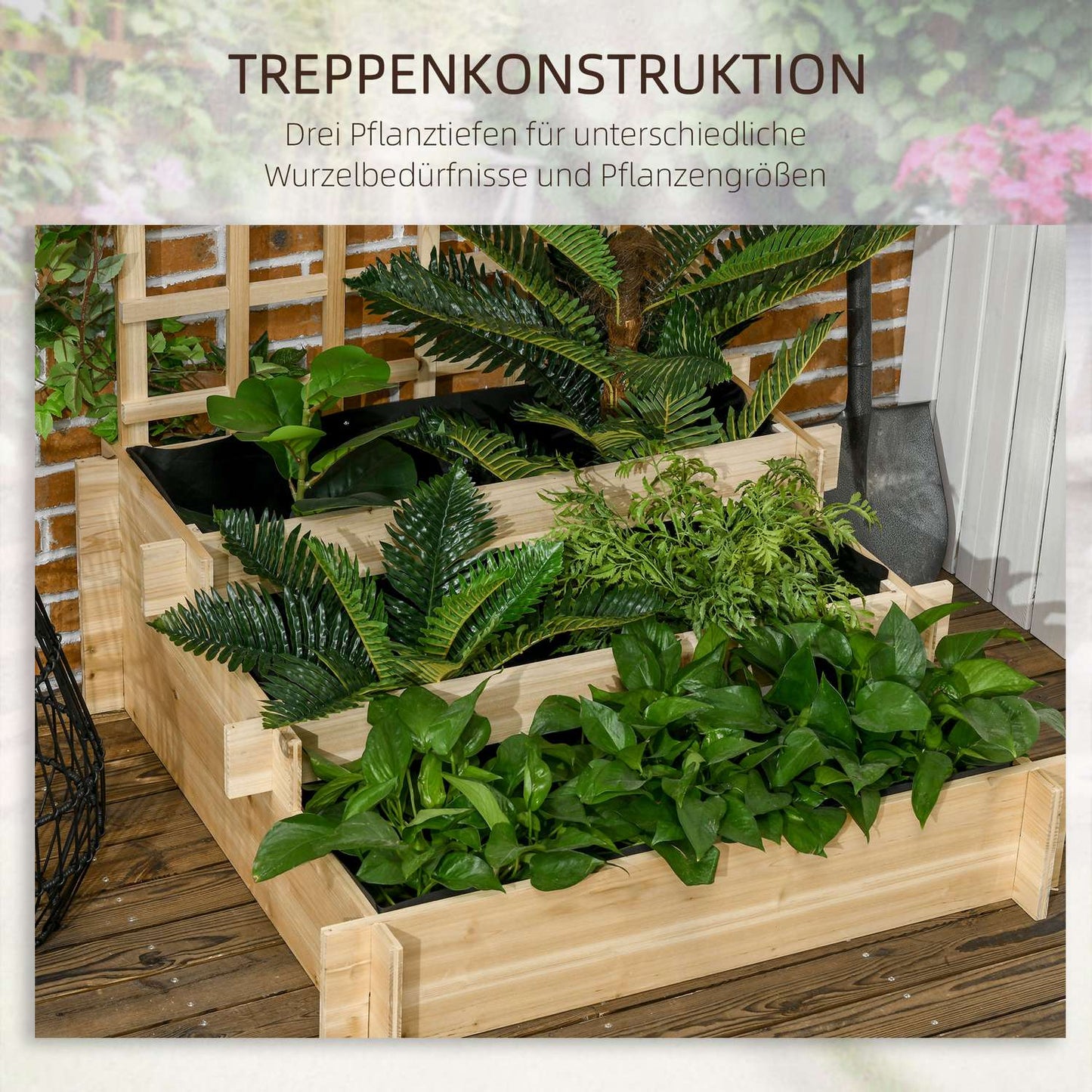 Raised wooden planter box with trellis - 95 x 95 x 110 cm