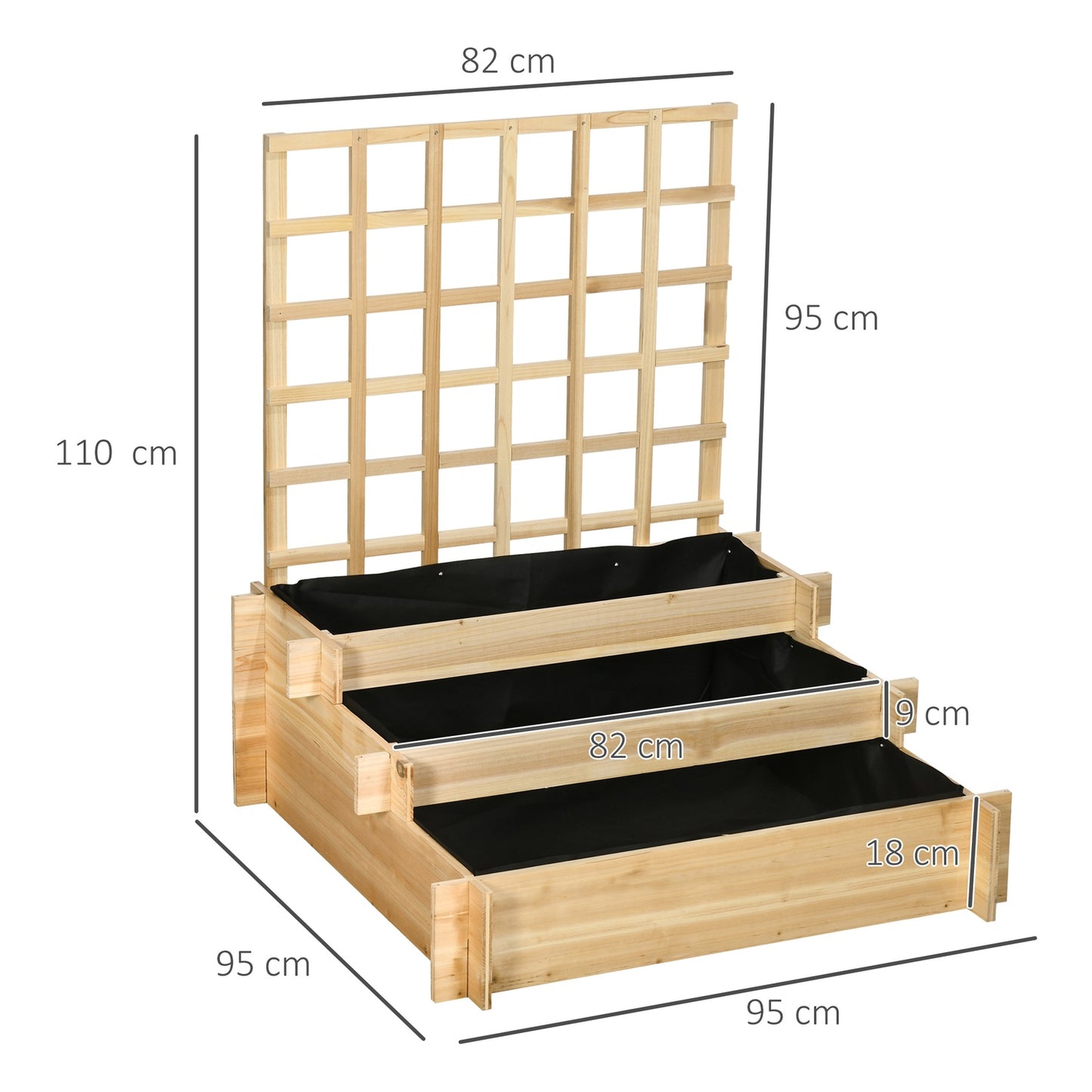 Raised wooden planter box with trellis - 95 x 95 x 110 cm