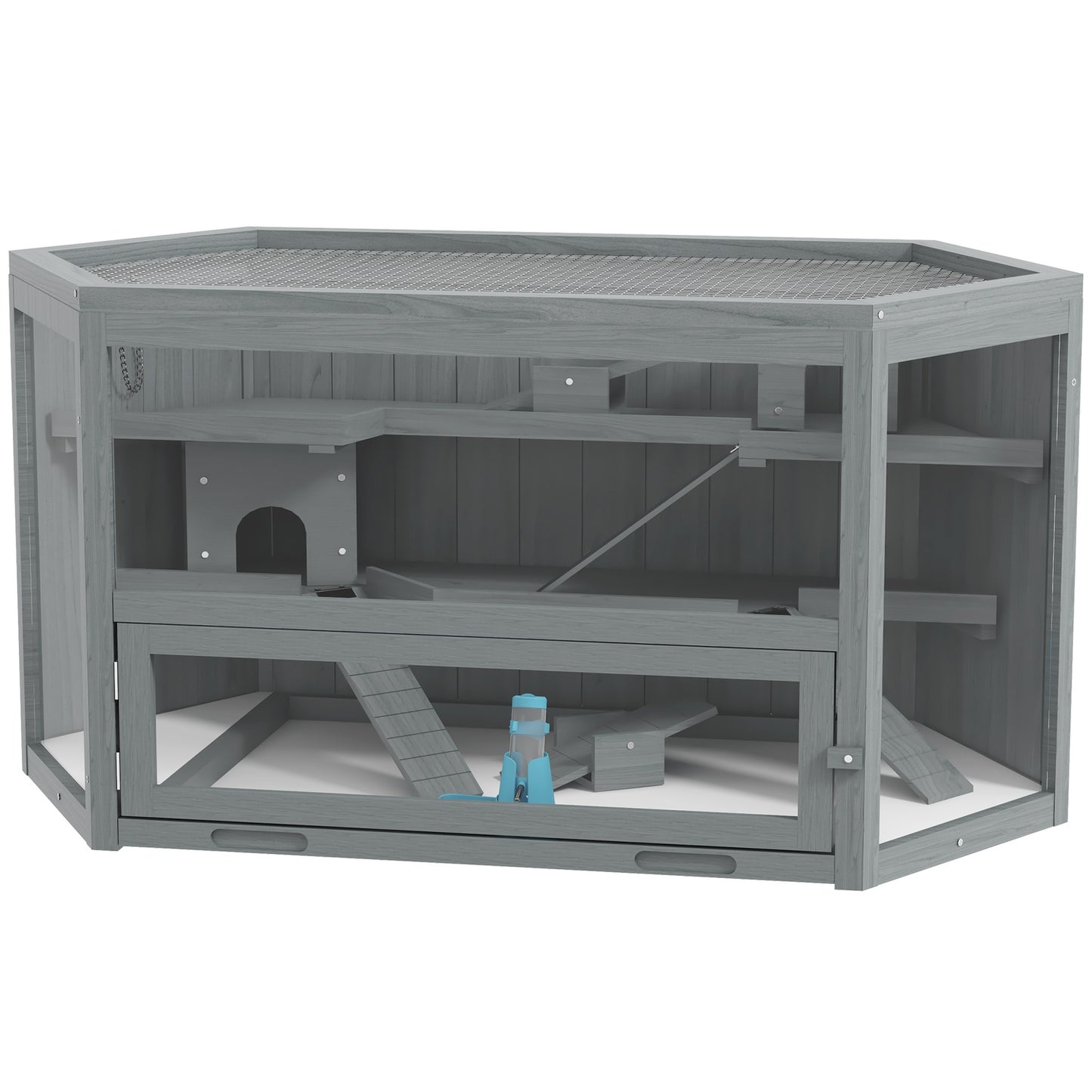 Hexagonal wooden rodent cage with folding lid, 115x60x55 cm