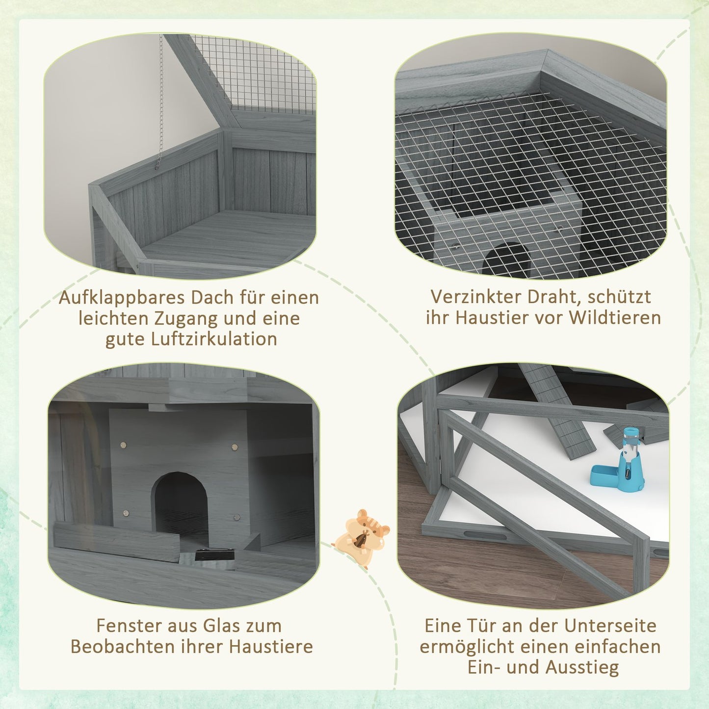 Hexagonal wooden rodent cage with folding lid, 115x60x55 cm