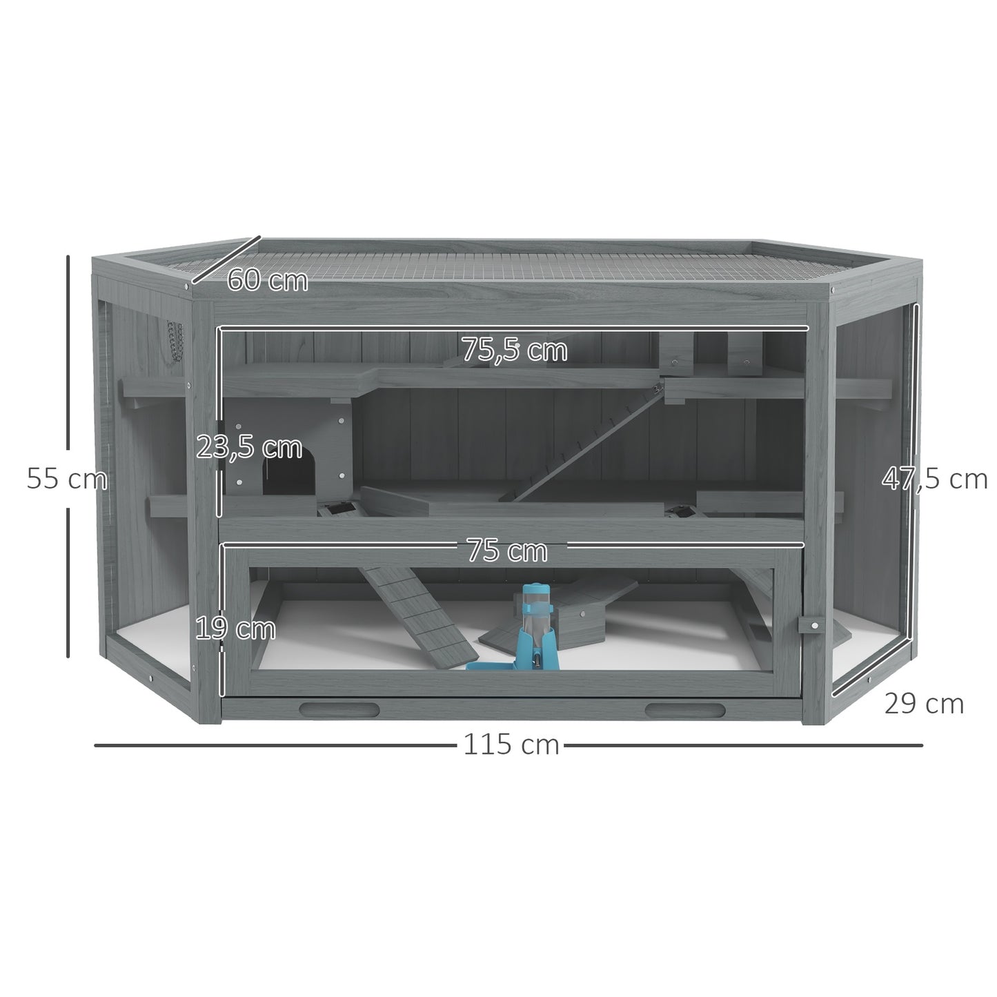 Hexagonal wooden rodent cage with folding lid, 115x60x55 cm