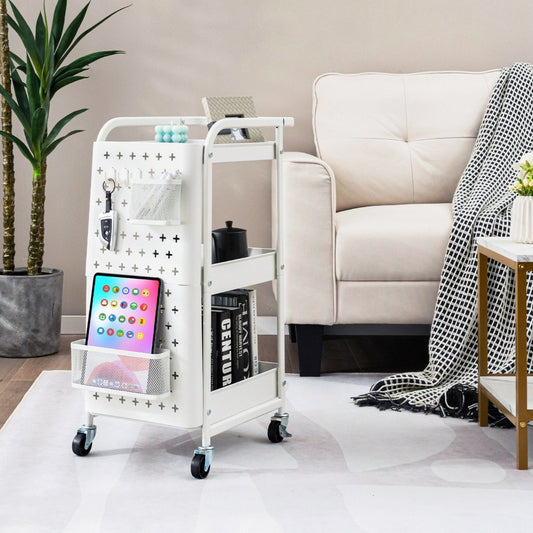 3-tier rolling cart metal cart with 2 pegboards & 2 baskets & 4 hooks white