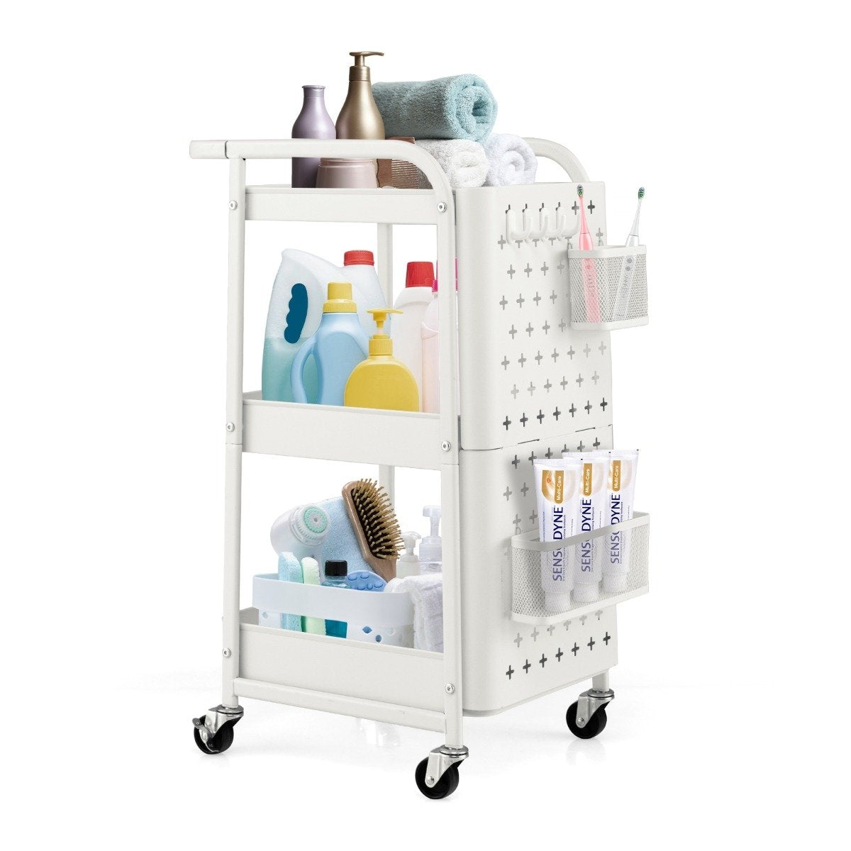 3-tier rolling cart metal cart with 2 pegboards & 2 baskets & 4 hooks white