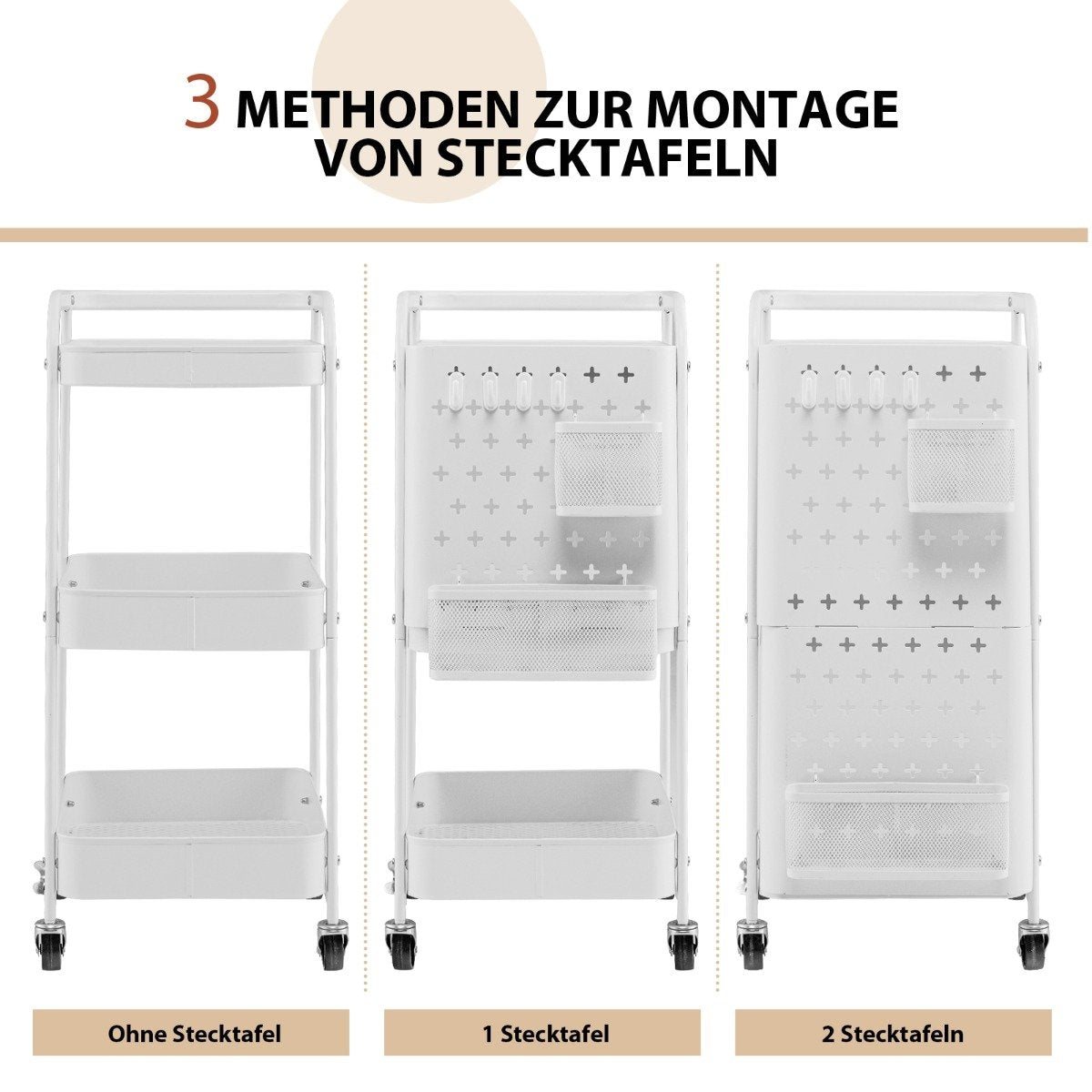 3-tier rolling cart metal cart with 2 pegboards & 2 baskets & 4 hooks white