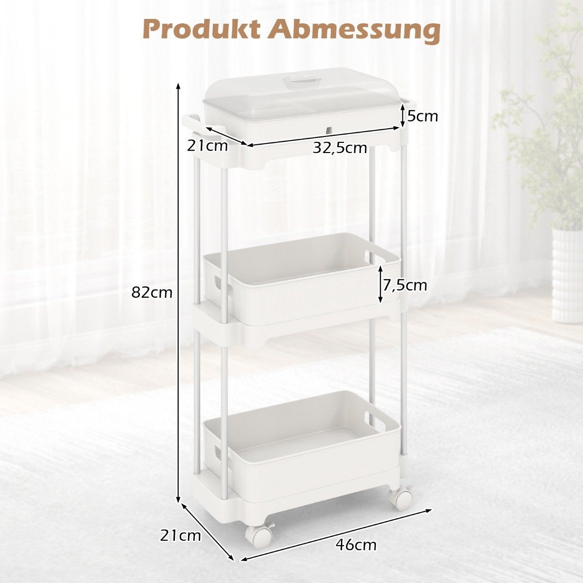 3-tier rolling cart multifunctional storage cart with removable cover white