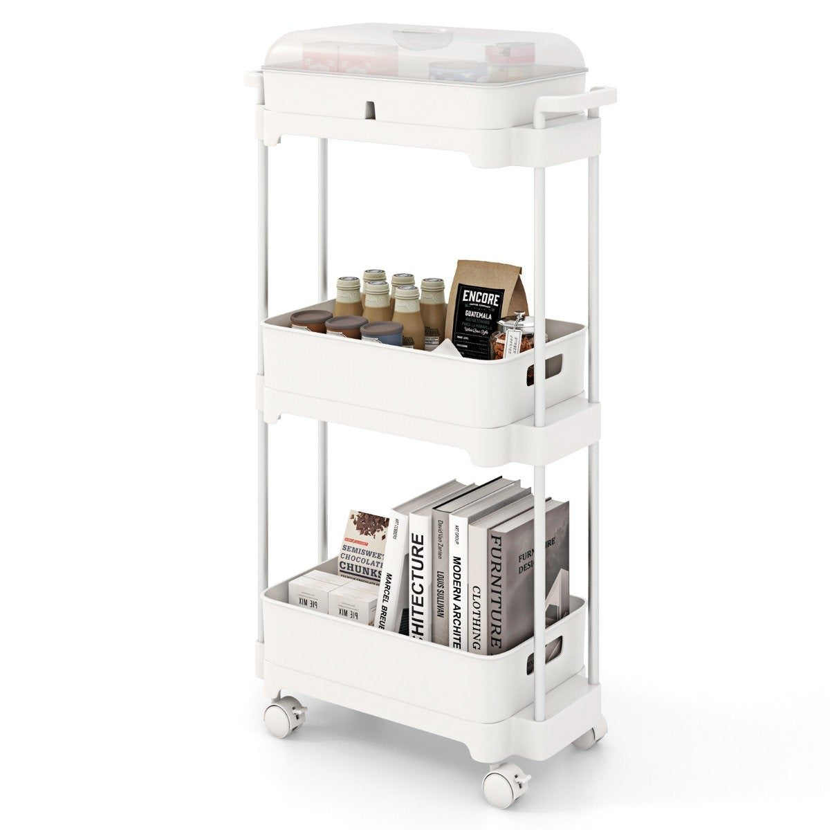 3-tier rolling cart multifunctional storage cart with removable cover white