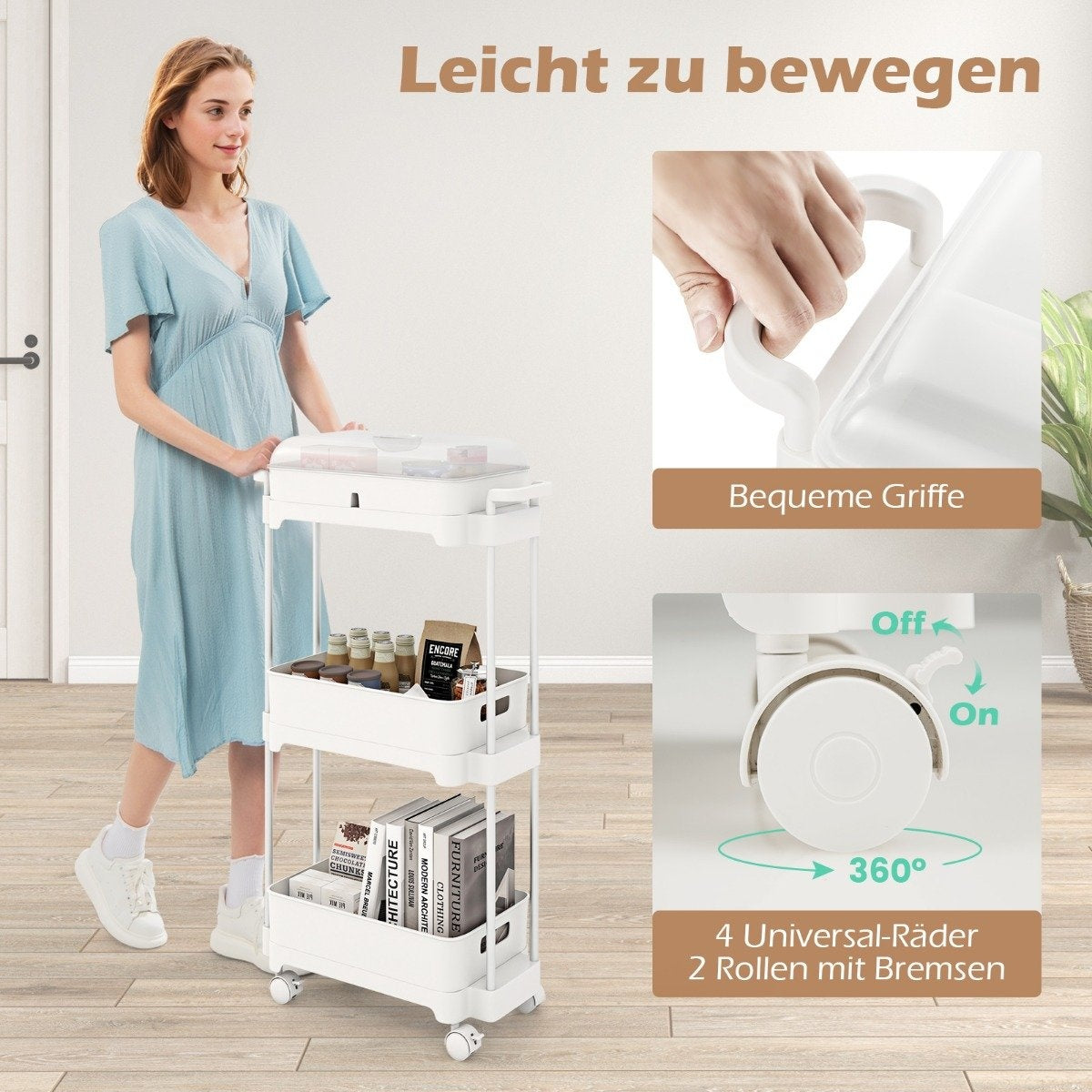 3-tier rolling cart multifunctional storage cart with removable cover white