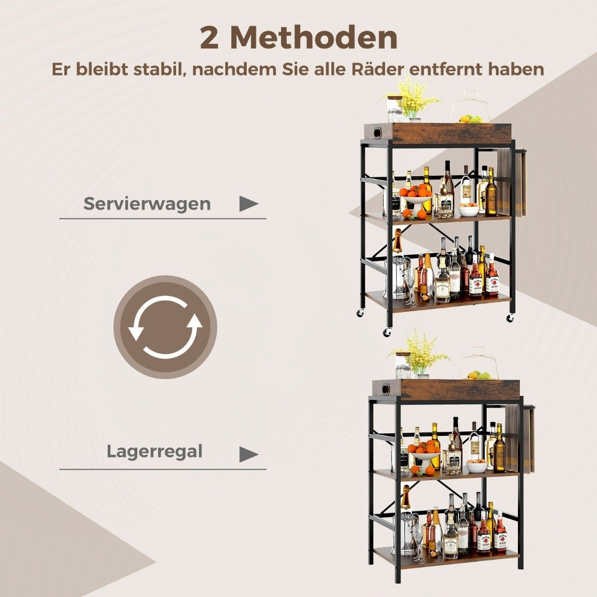 3 tier serving trolley kitchen trolley with removable tray & handle 73 x 40 x 94 cm brown + black