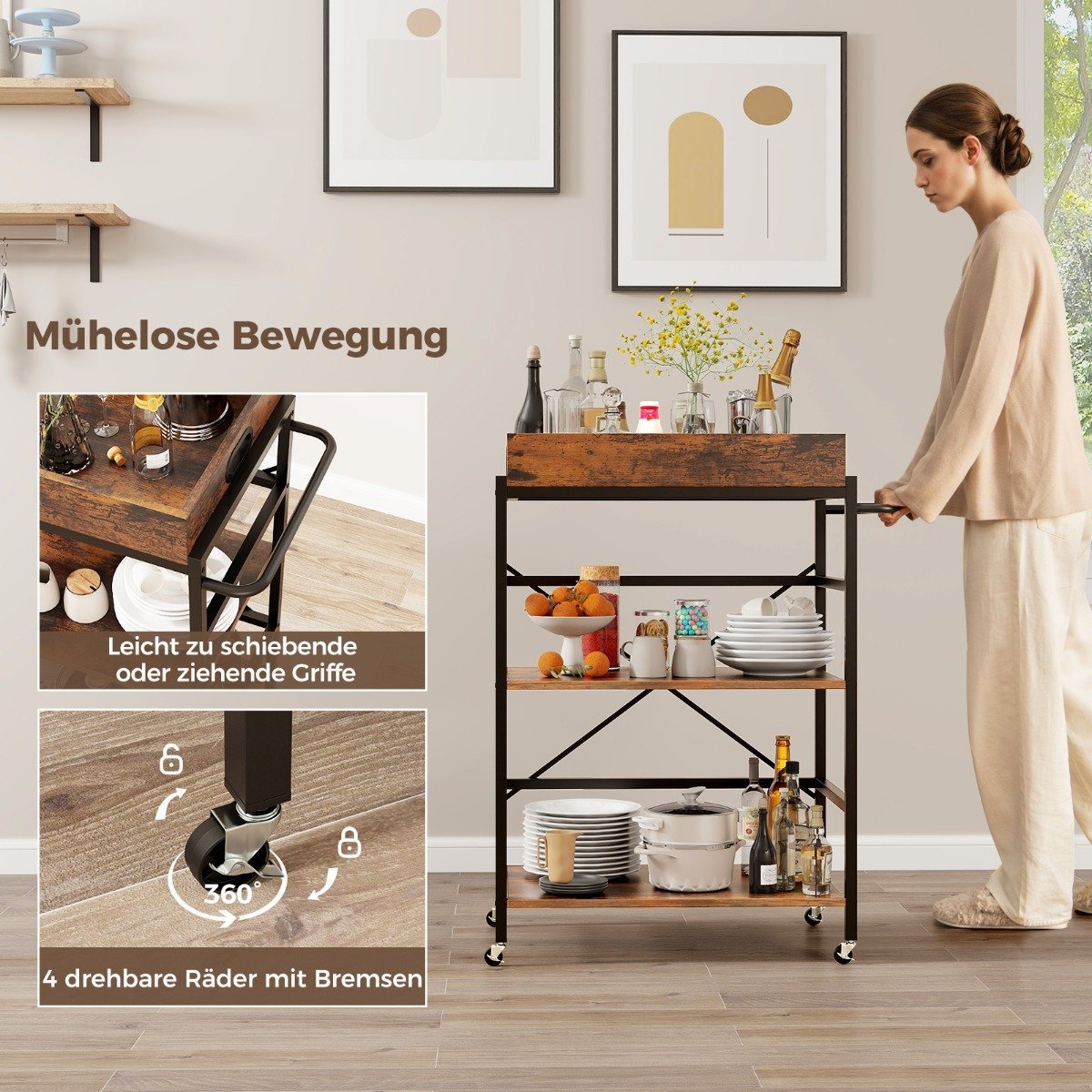 3 tier serving trolley kitchen trolley with removable tray & handle 73 x 40 x 94 cm brown + black