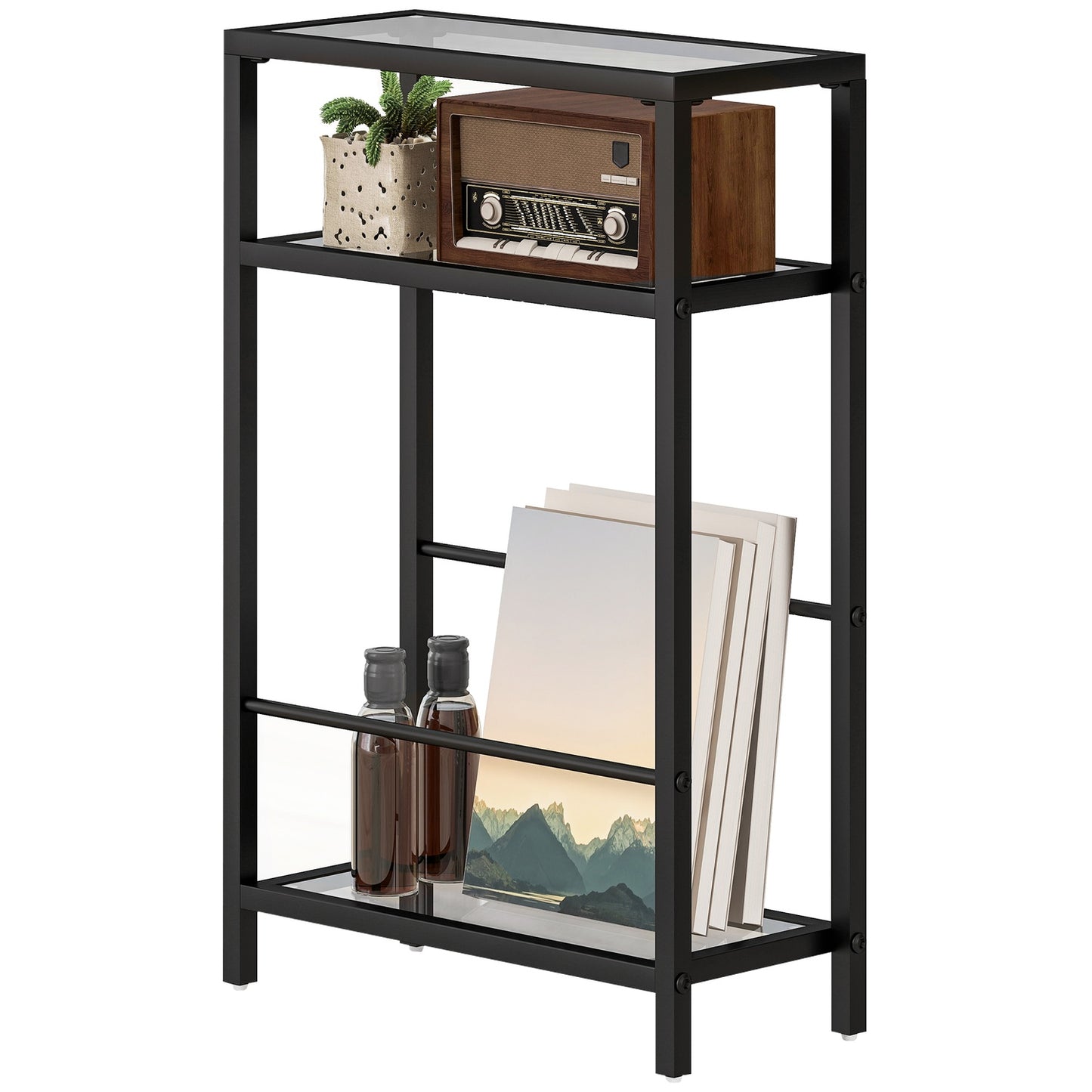3-tier shelf with glass shelves, 18 cm wide, steel frame, crossbars, black