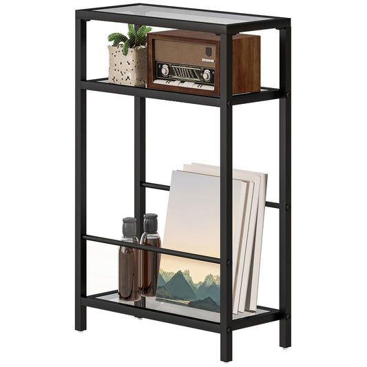 3-tier shelf with glass shelves, 18 cm wide, steel frame, crossbars, black