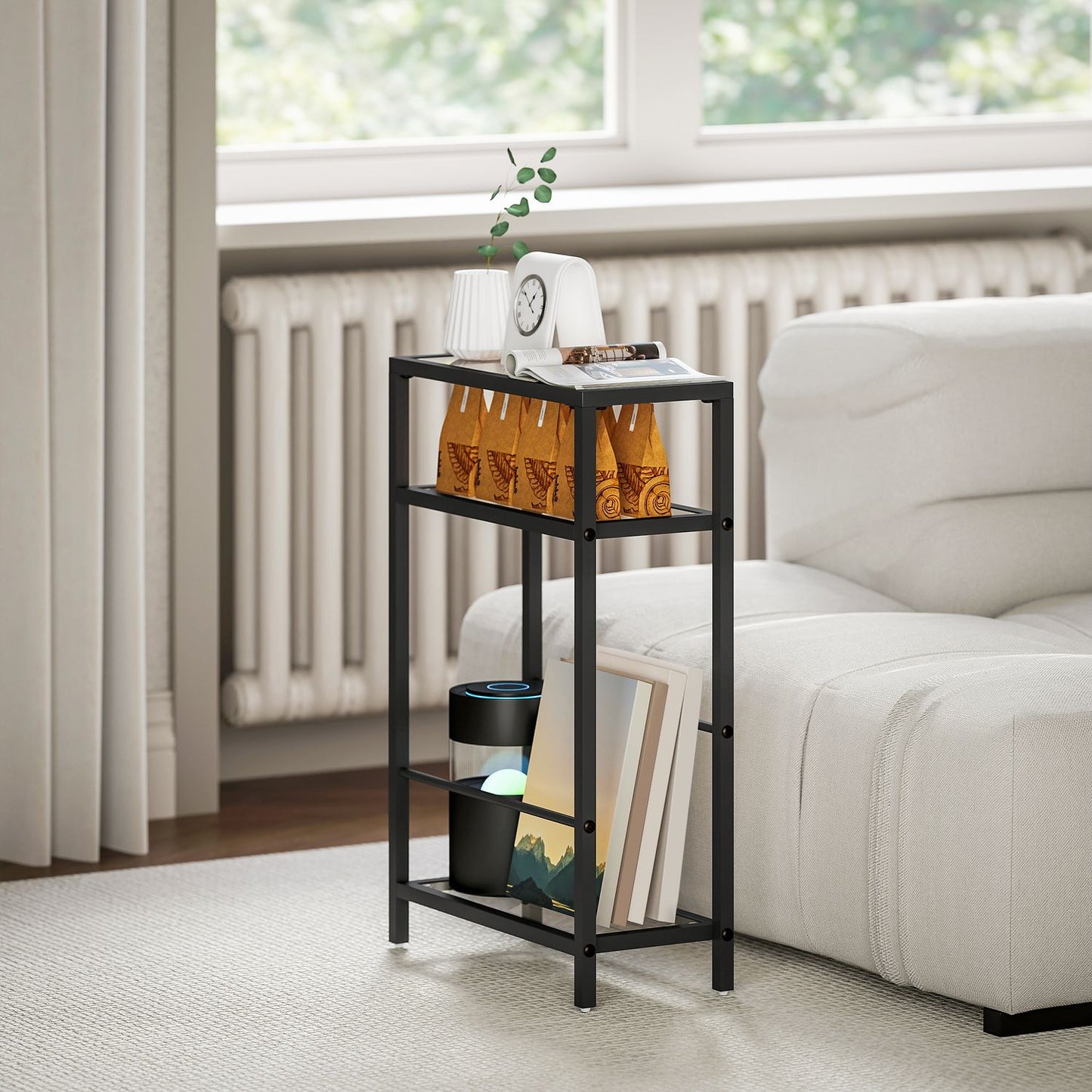 3-tier shelf with glass shelves, 18 cm wide, steel frame, crossbars, black