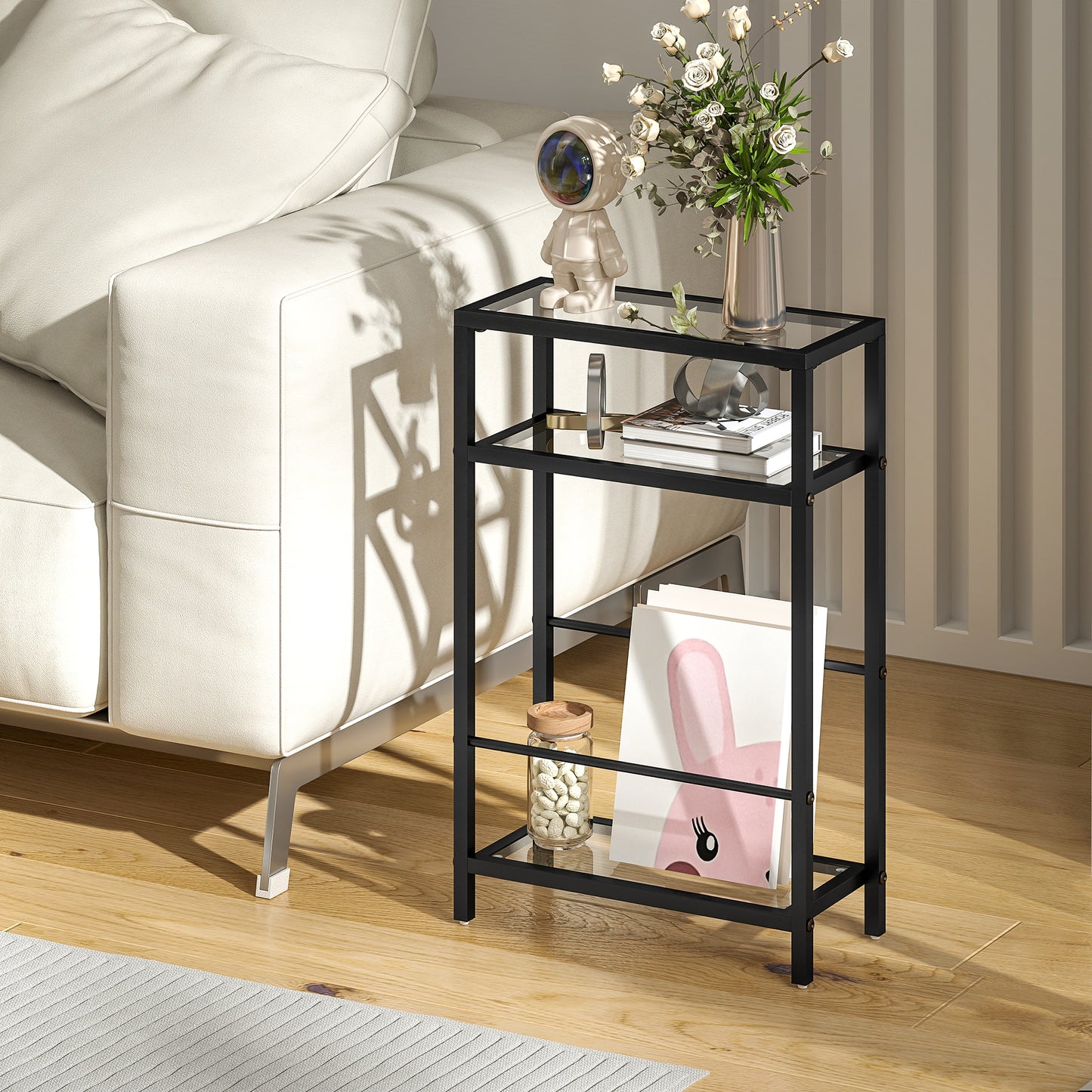 3-tier shelf with glass shelves, 18 cm wide, steel frame, crossbars, black