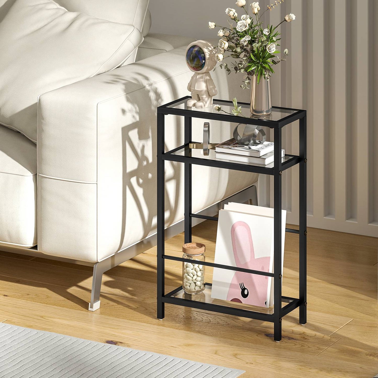 3-tier shelf with glass shelves, 18 cm wide, steel frame, crossbars, black