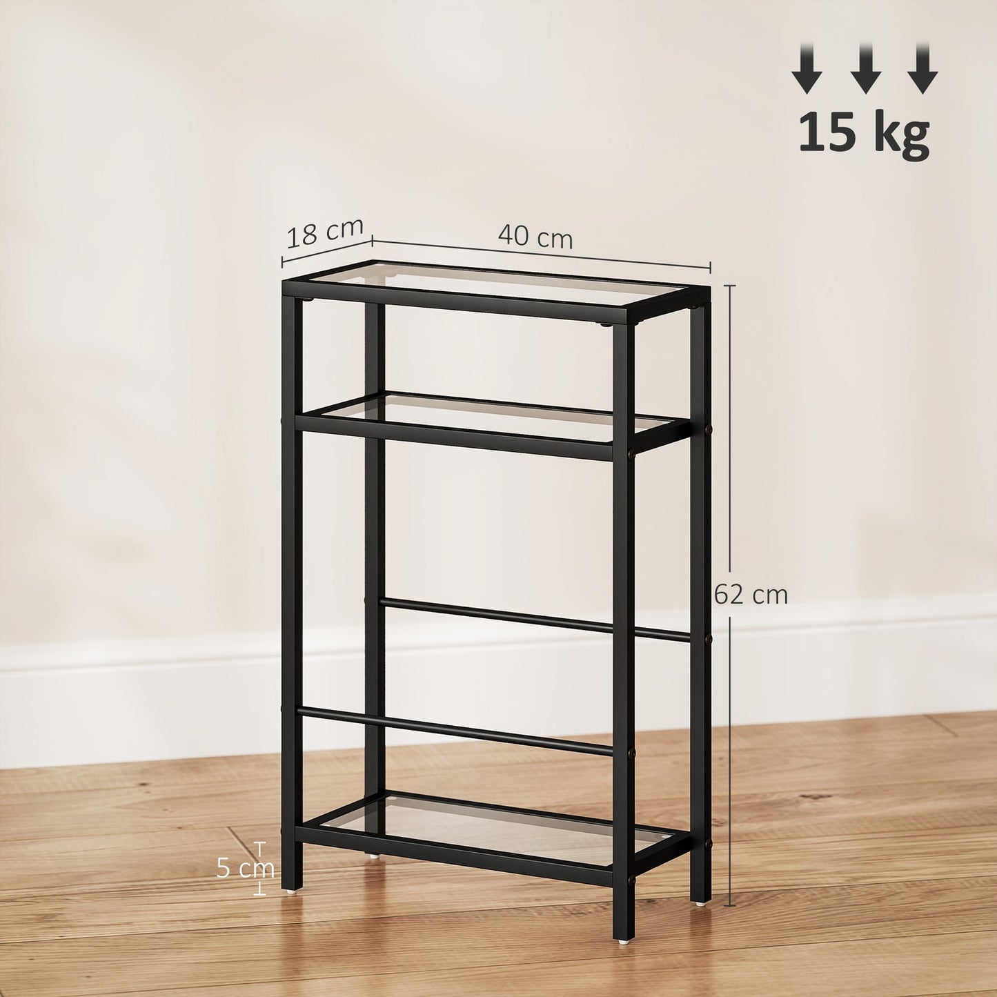 3-tier shelf with glass shelves, 18 cm wide, steel frame, crossbars, black