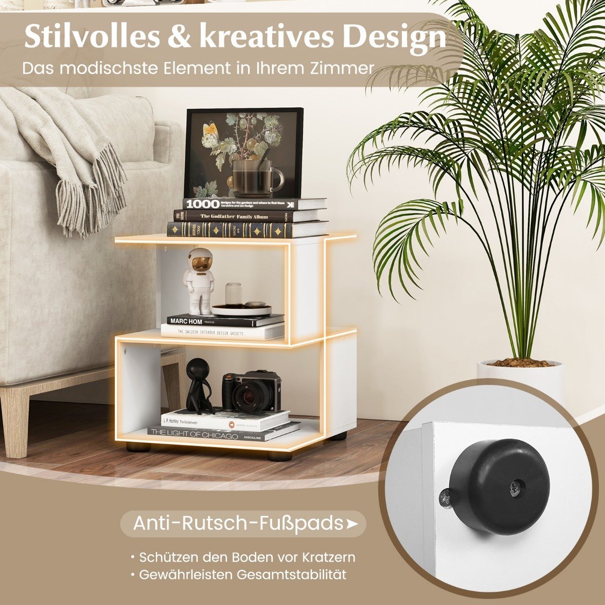 3-tier side table modern bedside table coffee table with shelves 39.5 x 39.5 x 45 cm white