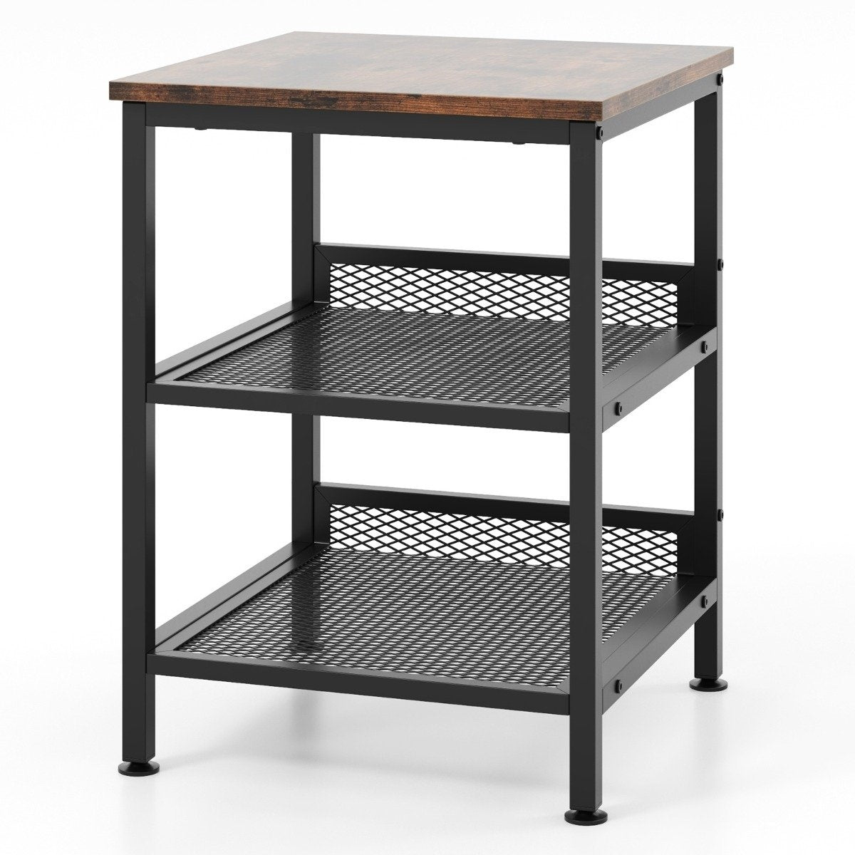 3 tier side table with metal frame & 2 grid shelves square bedside table industrial design