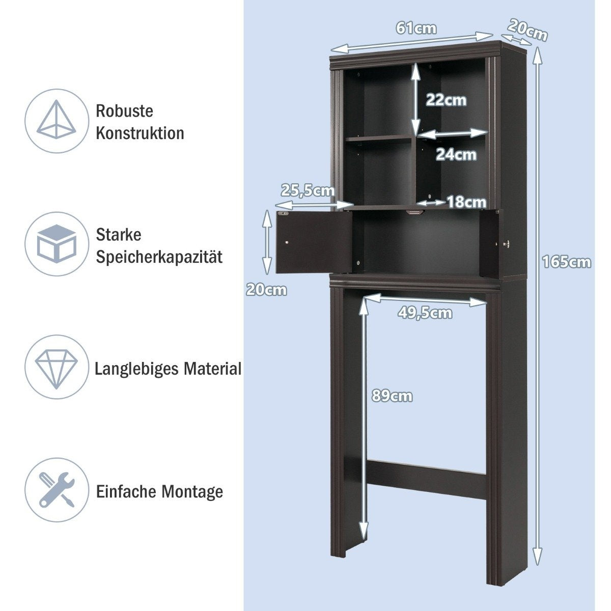 3-tier toilet shelf space-saving bathroom shelf with 4 open compartments 60 x 20 x 165 cm brown