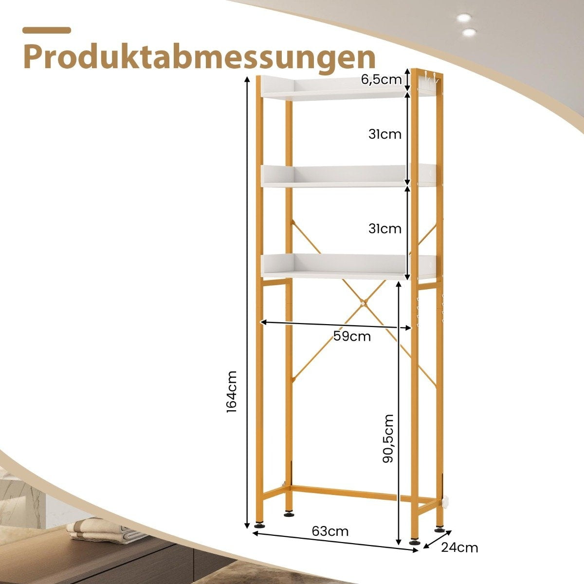 3-tier toilet shelf with 4 hooks and adjustable feet. Space-saving bathroom shelf, white