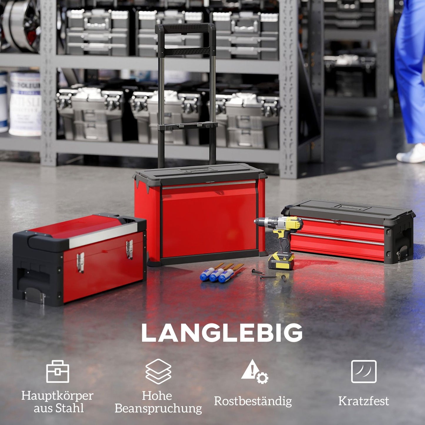 3-Tier Toolbox Set with Wheels, Steel & Plastic