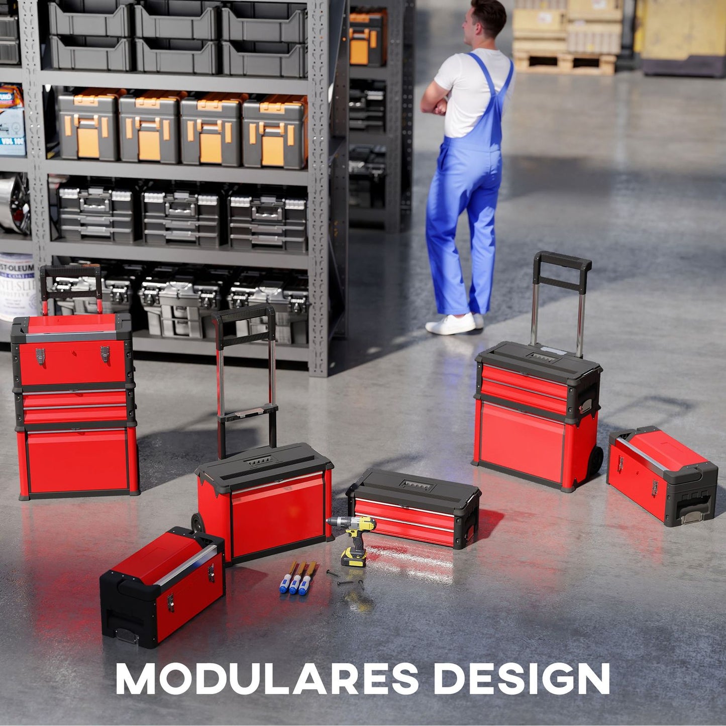3-Tier Toolbox Set with Wheels, Steel & Plastic