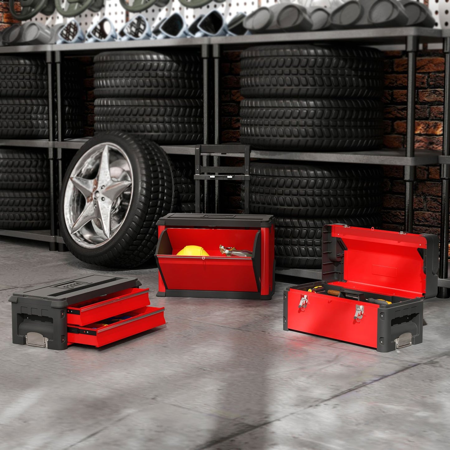 3-Tier Toolbox Set with Wheels, Steel & Plastic