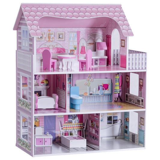 3 tier wooden dollhouse dollhouse with furniture & accessories doll villa girl pink