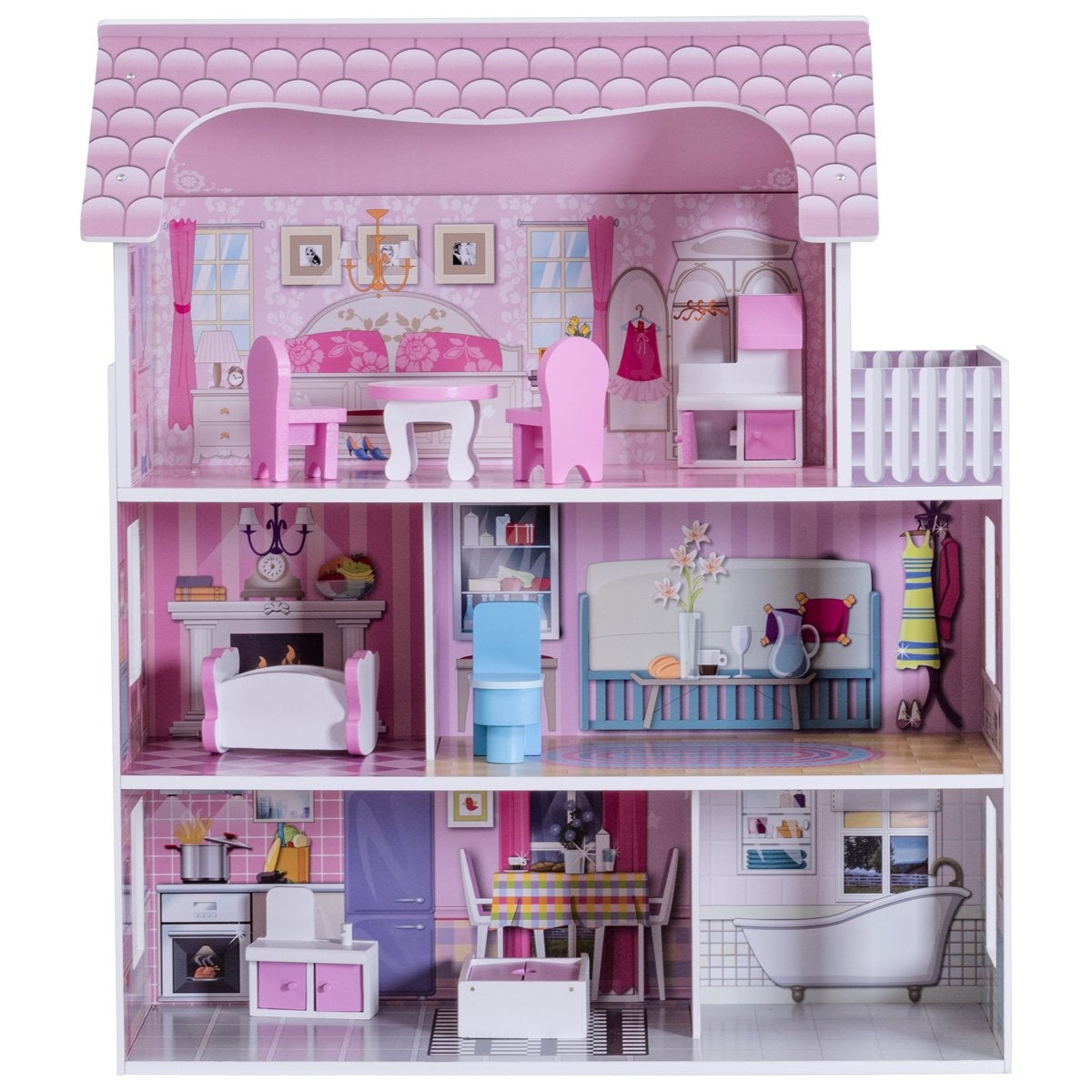 3 tier wooden dollhouse dollhouse with furniture & accessories doll villa girl pink